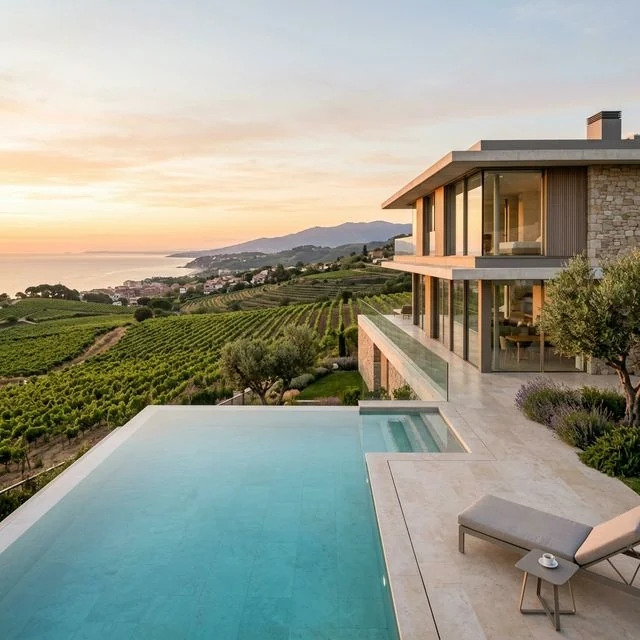 Contemporary hillside home overlooking vineyards and the Mediterranean near Alella